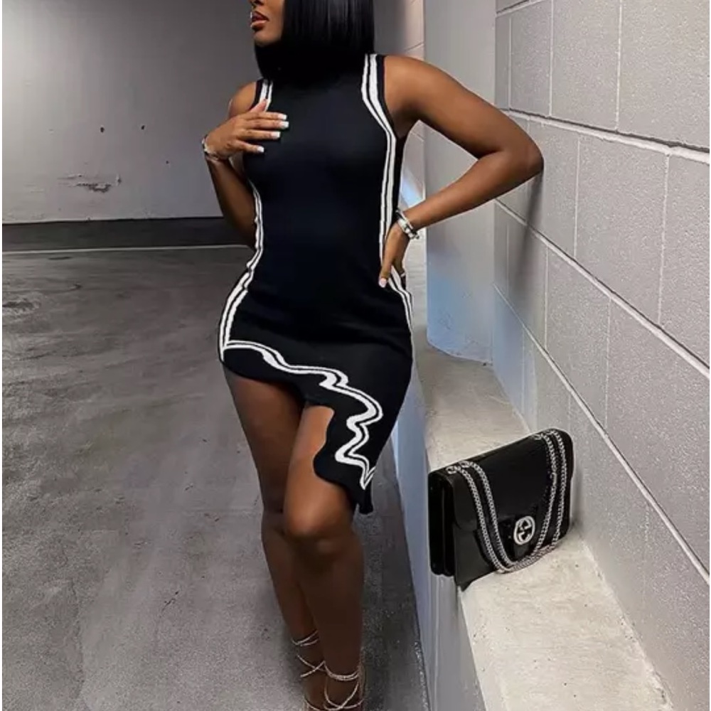 Sexy Fashion Sleeveless Knitted Asymmetrical Bodycon Mini Black Dress